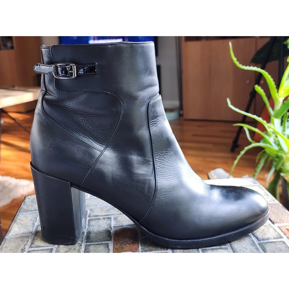 Aquatalia Marvin K Black Leather Ankle Boots Block Heel Made in Italy Size 10